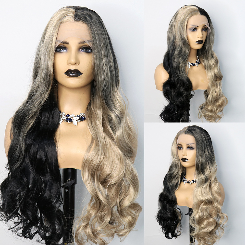Cross border two-color splicing front lace synthetic wig headband with large wavy curls, 26 inches, one piece hair replacement