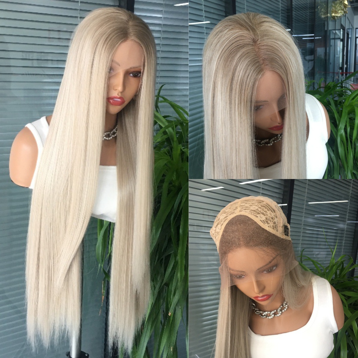 Foreign trade hot selling 13x4 front lace synthetic wig headband, mid split long straight hair, platinum gradient one-piece hair replacement