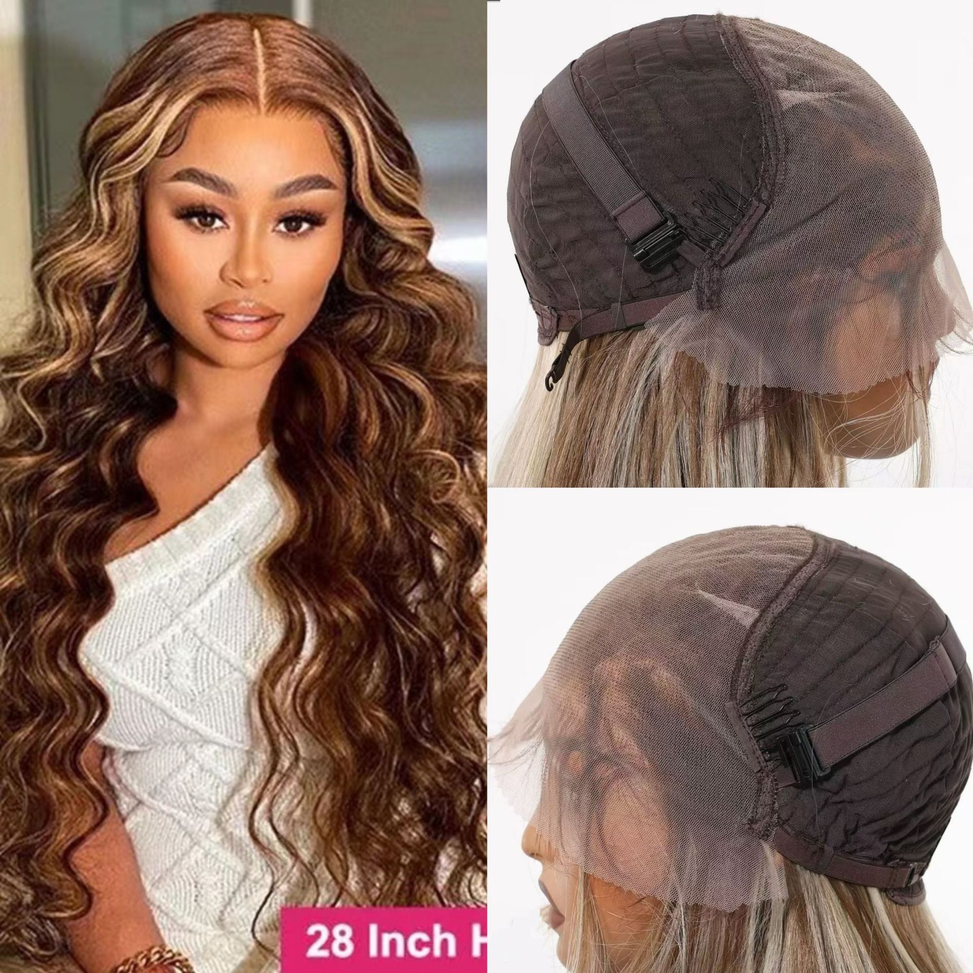 Cross border foreign trade export big wave synthetic fiber fluffy 13 * 6 front lace wig headband high temperature silk brown long curly hair