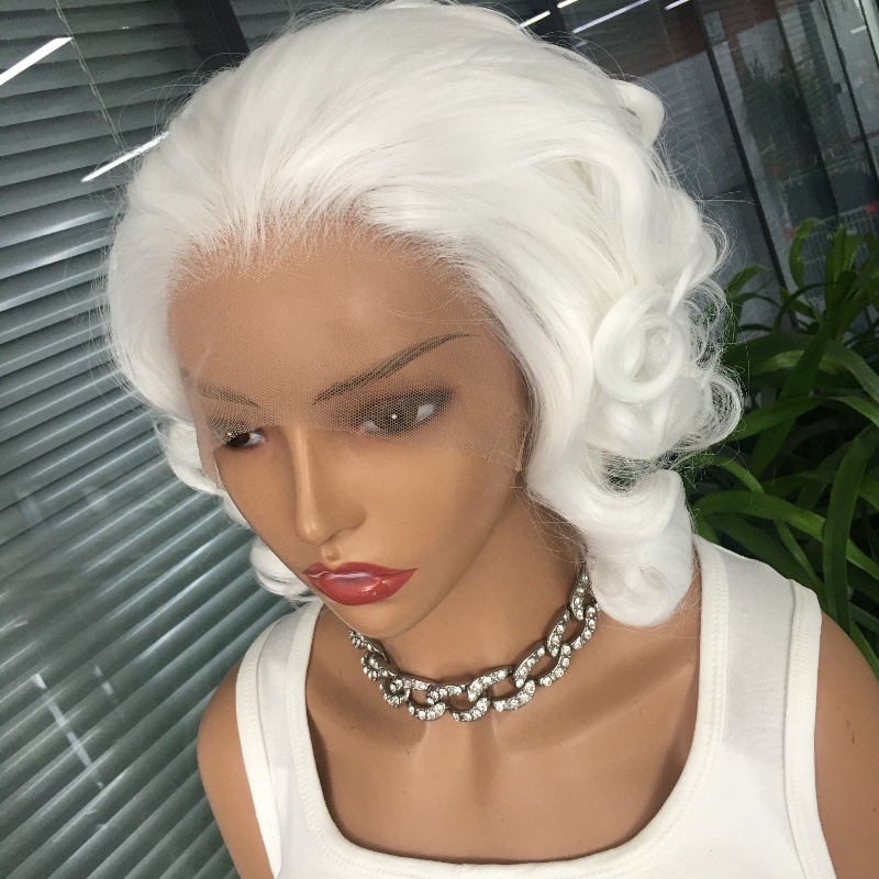 Celebrity style personality 13x4 front lace synthetic white wig internet famous short curly hair headband 10 inches Celebrity style personality 13x4 front lace synthetic white wig internet famous short curly hair headband 10 inches