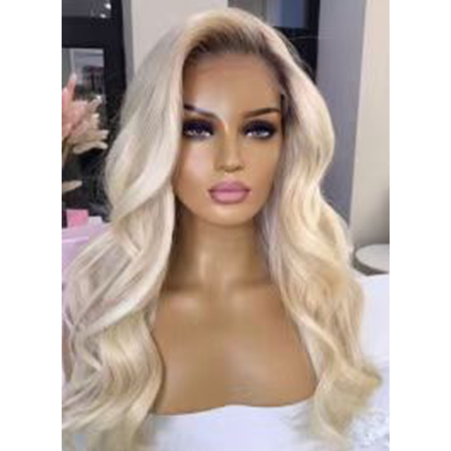 Synthetic lace gradient wig headband, high-temperature silk brown hair roots, white gold long curly hair, one-piece hair replacement Synthetic lace gradient wig headband, high-temperature silk brown hair roots, white gold long curly hair, one-piece hair replacement