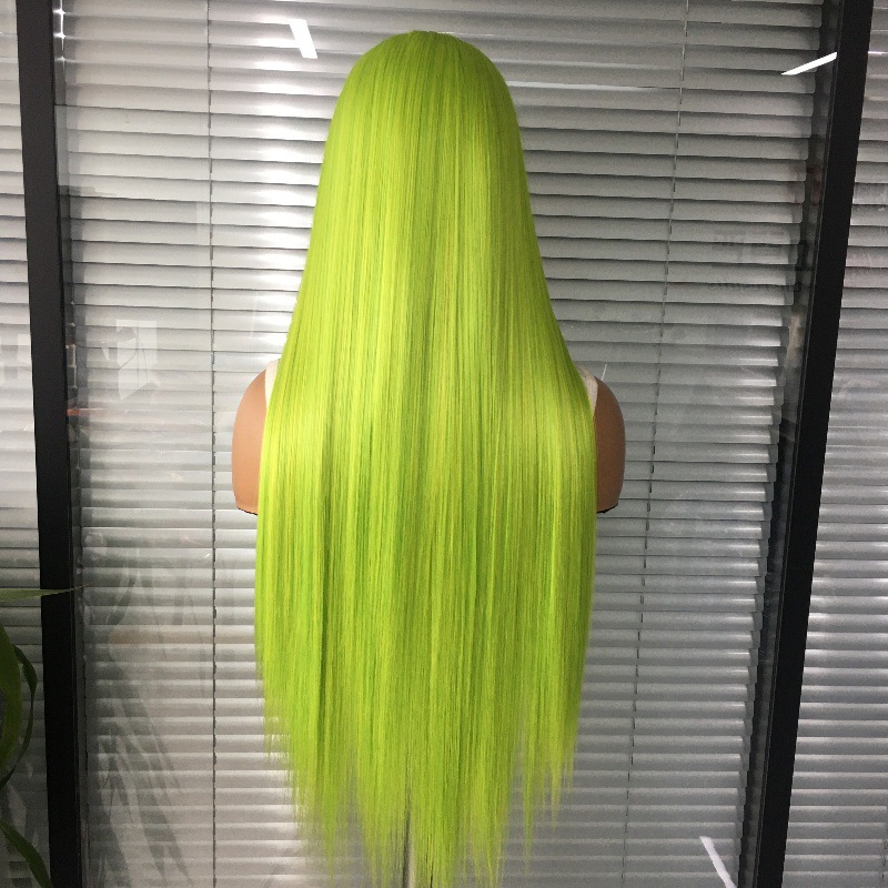 Foreign trade hot selling 13x4 front lace synthetic wig headband, split long straight hair, fluorescent green factory direct sales Foreign trade hot selling 13x4 front lace synthetic wig headband, split long straight hair, fluorescent green factory direct sales