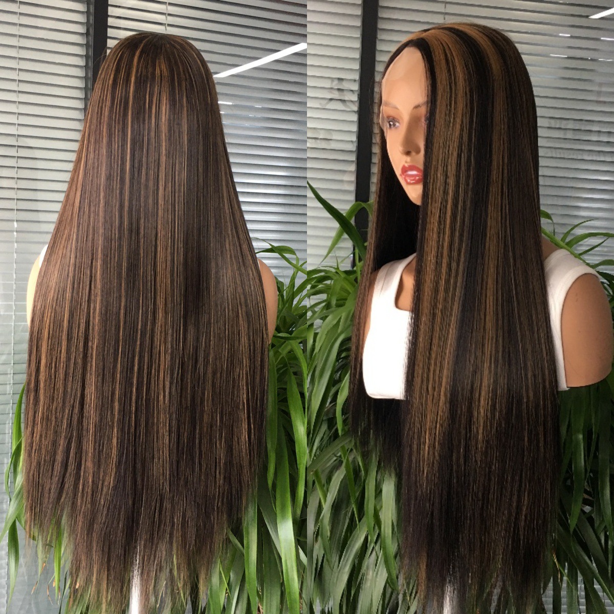 Foreign trade hot selling 13x4 front lace synthetic wig headband, mid split long straight hair, cross dyed gradient, factory direct sales