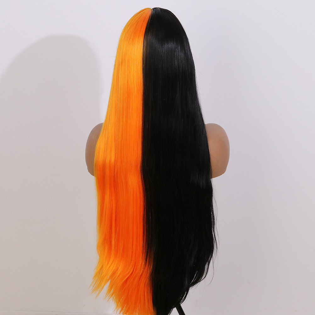 Cross border foreign trade hot selling two-color spliced lace synthetic wig full head cover 26 inch mid split long straight hair cosplay style Cross border foreign trade hot selling two-color spliced lace synthetic wig full head cover 26 inch mid split long straight hair cosplay style