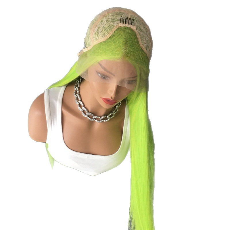 Foreign trade hot selling 13x4 front lace synthetic wig headband, split long straight hair, fluorescent green factory direct sales Foreign trade hot selling 13x4 front lace synthetic wig headband, split long straight hair, fluorescent green factory direct sales