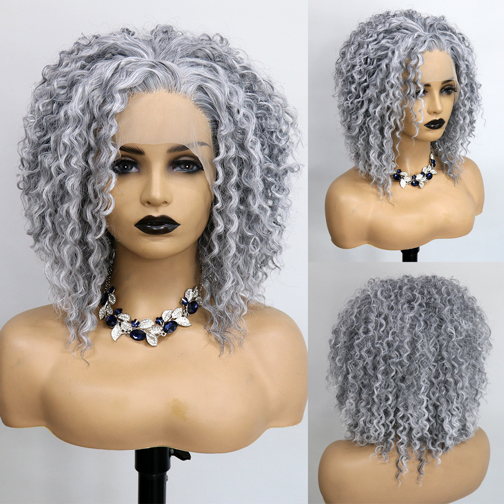 Cross border European and American celebrity same style front lace synthetic wig full head cover grandmother gray short style fluffy small roll 16 inches