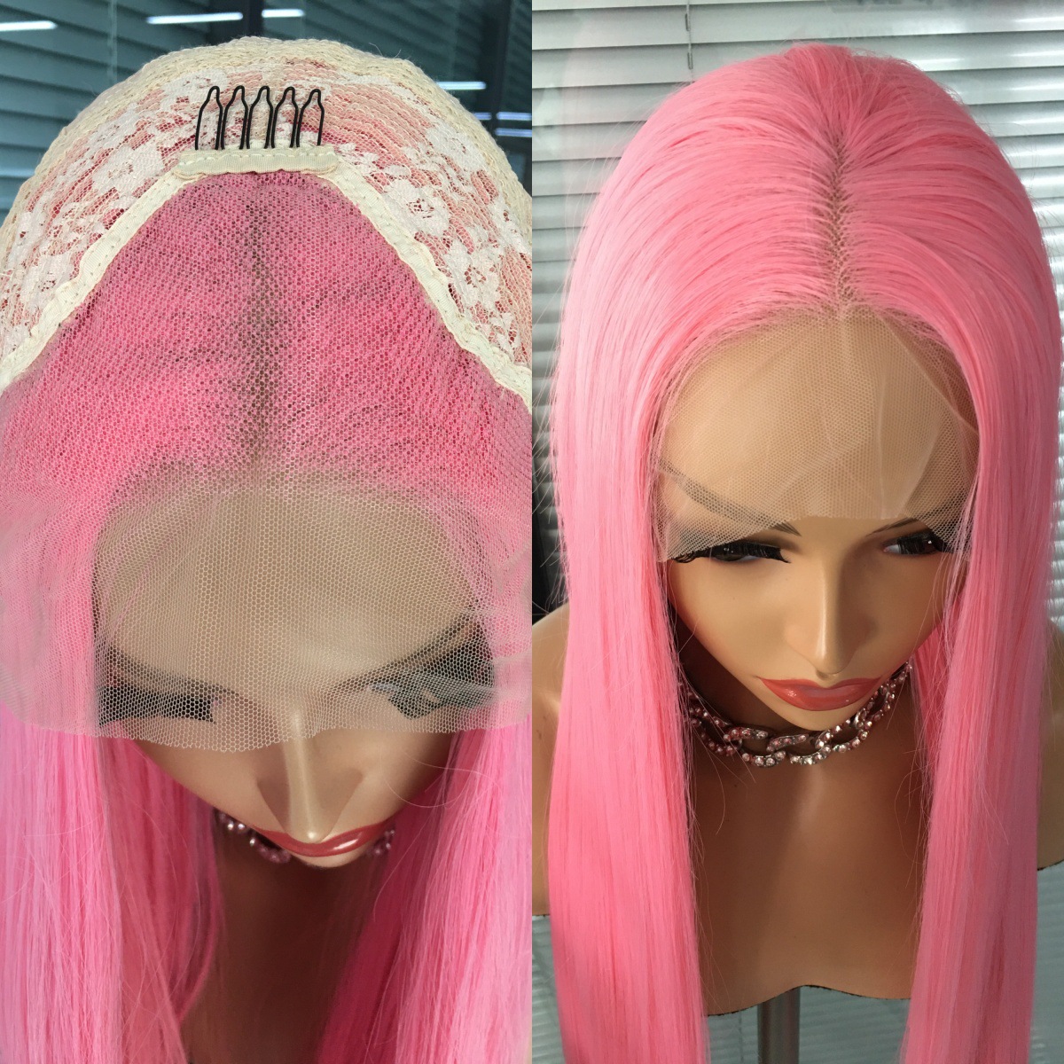 Foreign trade hot selling 13x4 front lace synthetic wig headband, mid split long straight 26 inch pink factory direct sales