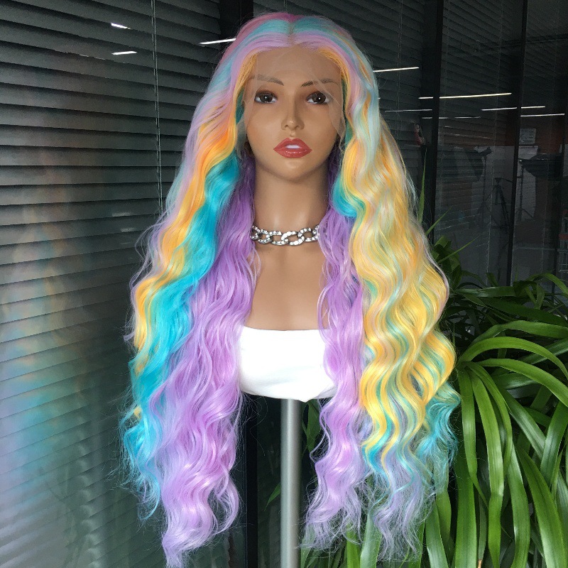 Cross border synthetic wig from Europe and America, Rainbow color, front lace, long curly hair, big waves, split wig, 26 inches Cross border synthetic wig from Europe and America, Rainbow color, front lace, long curly hair, big waves, split wig, 26 inches