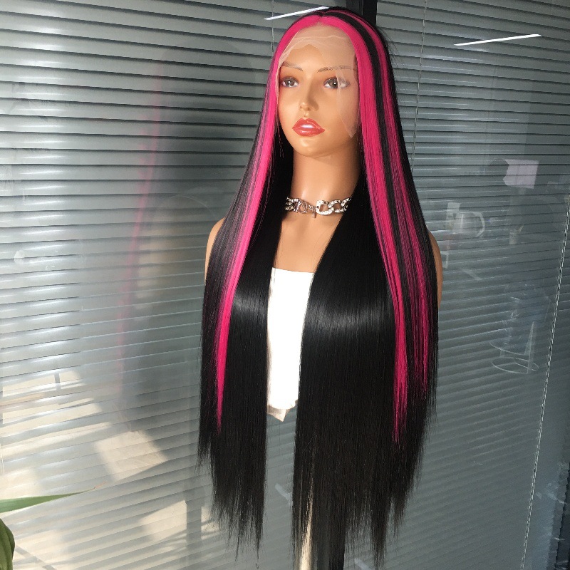 Foreign trade hot selling 13x4 front lace synthetic wig headband, mid split long straight hair, cross dyed gradient, factory direct sales Foreign trade hot selling 13x4 front lace synthetic wig headband, mid split long straight hair, cross dyed gradient, factory direct sales