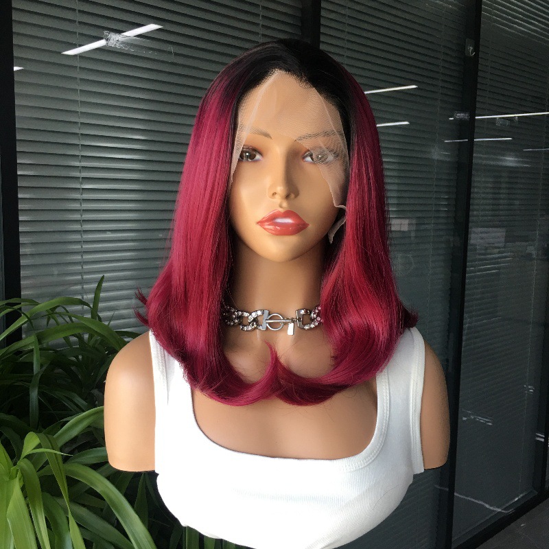 13x3 front lace synthetic wig with hollowed out mesh cap, bob purple red wig head cover, one piece, drophair factory direct sales 13x3 front lace synthetic wig with hollowed out mesh cap, bob purple red wig head cover, one piece, drophair factory direct sales
