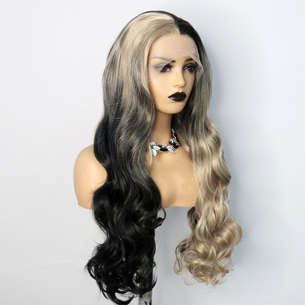 Cross border two-color splicing front lace synthetic wig headband with large wavy curls, 26 inches, one piece hair replacement Cross border two-color splicing front lace synthetic wig headband with large wavy curls, 26 inches, one piece hair replacement