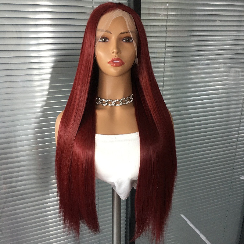 Cross border wig front lace red long straight synthetic high-temperature silk COS full 13x4 headband factory in stock for dropshipping Cross border wig front lace red long straight synthetic high-temperature silk COS full 13x4 headband factory in stock for dropshipping