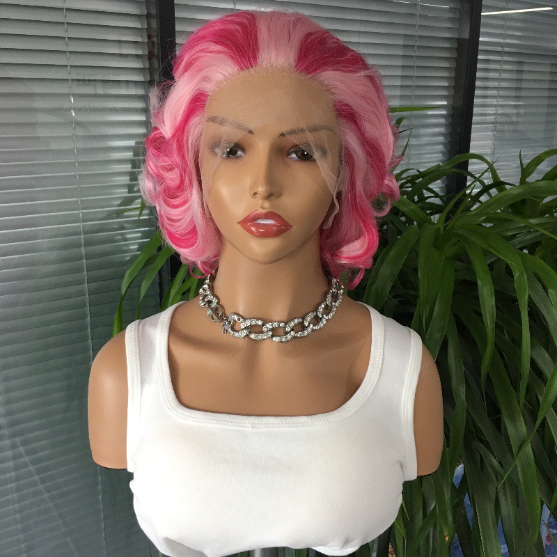 Celebrity style personality 13x4 front lace synthetic pink wig internet famous short curly hair headband 10 inches Celebrity style personality 13x4 front lace synthetic pink wig internet famous short curly hair headband 10 inches