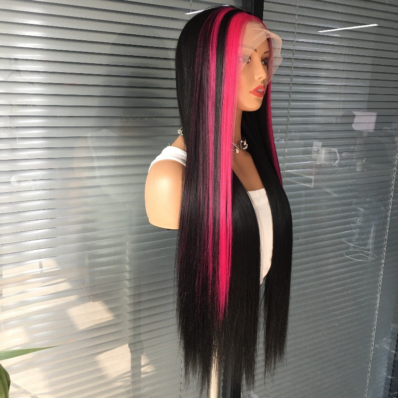 Foreign trade hot selling 13x4 front lace synthetic wig headband, mid split long straight hair, cross dyed gradient, factory direct sales Foreign trade hot selling 13x4 front lace synthetic wig headband, mid split long straight hair, cross dyed gradient, factory direct sales