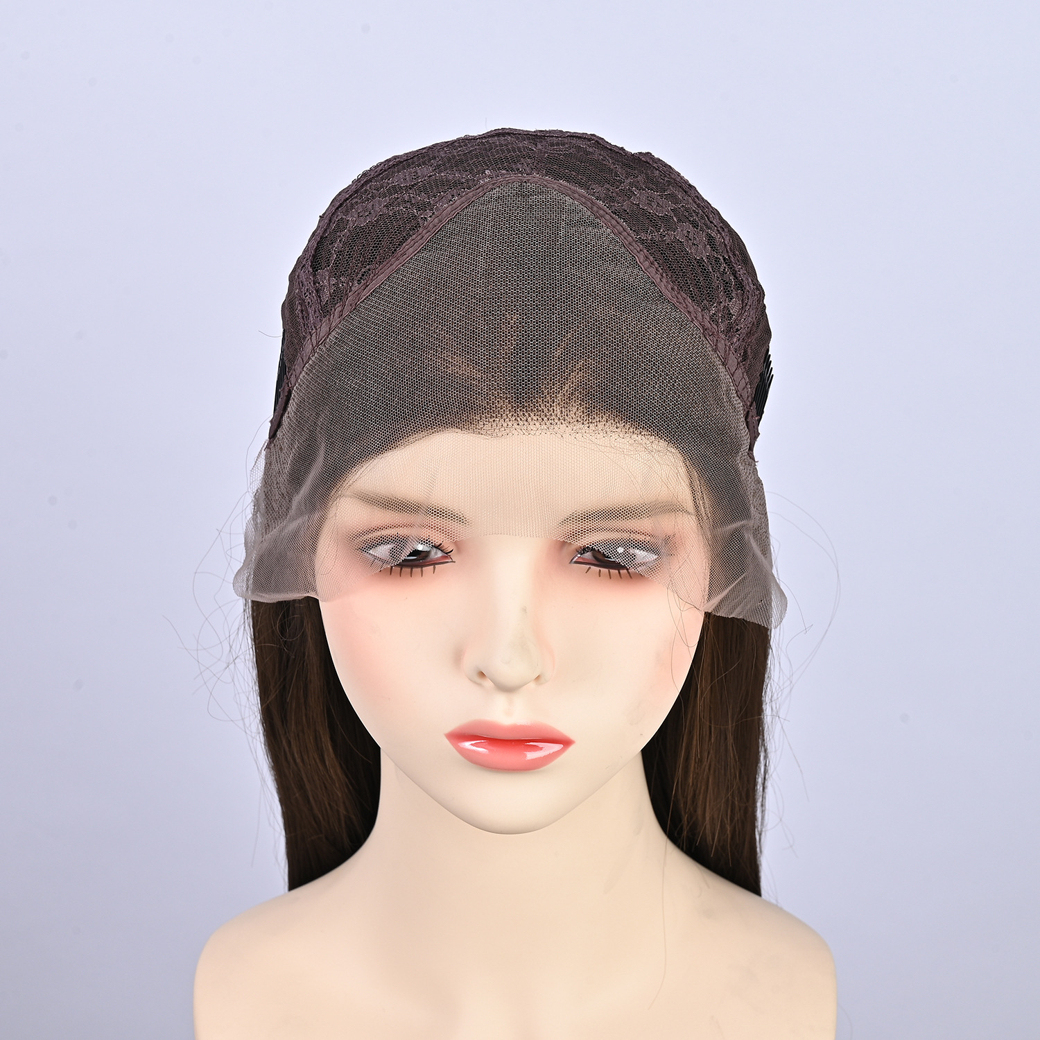 Wig full head cover dark brown European and American hot selling black hair simulation fluffy long straight hair COS front lace medium long hair