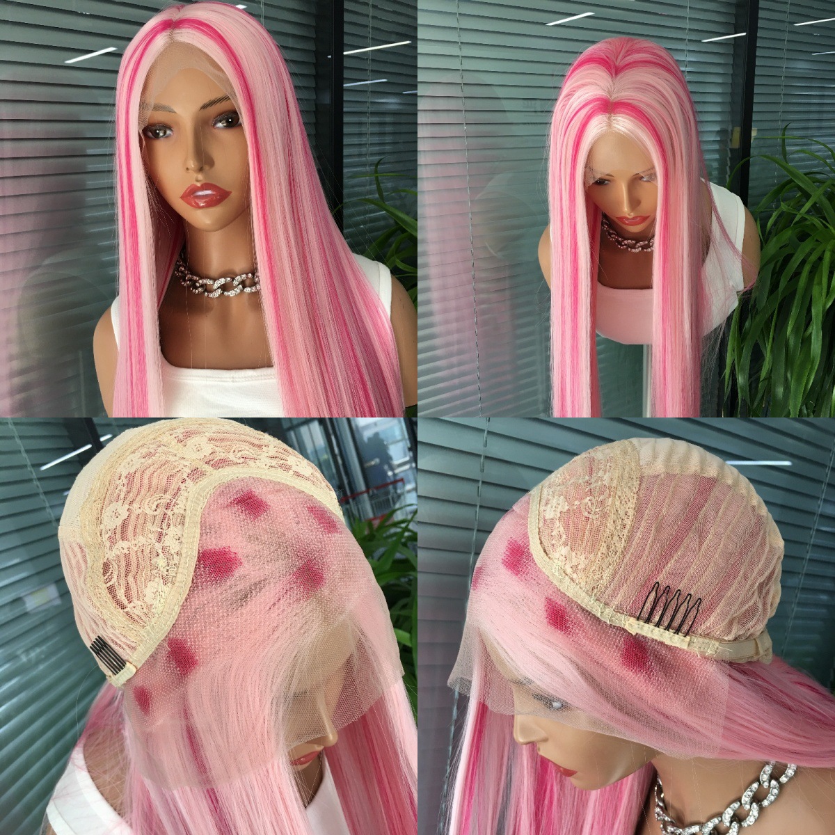 Amazon's direct supply of 13x4 front lace synthetic wigs in Europe and America, pink fluorescent wig headgear