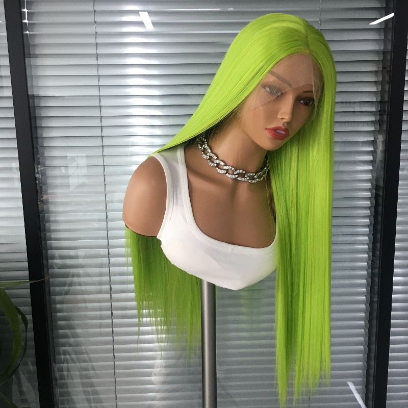 Foreign trade hot selling 13x4 front lace synthetic wig headband, split long straight hair, fluorescent green factory direct sales Foreign trade hot selling 13x4 front lace synthetic wig headband, split long straight hair, fluorescent green factory direct sales