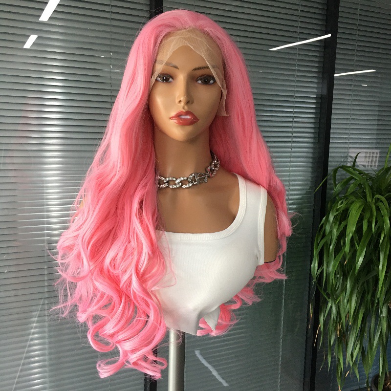 Pink 13x4 synthetic front lace long wig with large waves, cross-border European and American wig head cover manufacturer wholesale Pink 13x4 synthetic front lace long wig with large waves, cross-border European and American wig head cover manufacturer wholesale