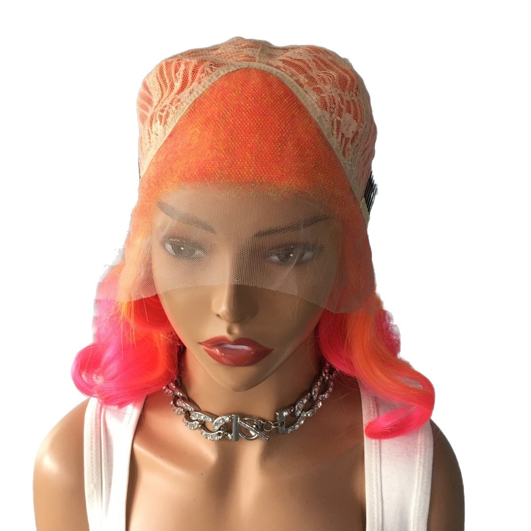Cross border New Product Star Same Style Synthetic 13x4 Front Lace Orange Gradient Short Curly Hair Wig Headset Cross border New Product Star Same Style Synthetic 13x4 Front Lace Orange Gradient Short Curly Hair Wig Headset