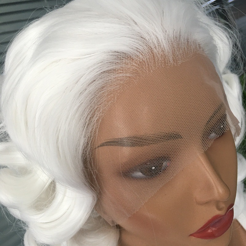 Celebrity style personality 13x4 front lace synthetic white wig internet famous short curly hair headband 10 inches Celebrity style personality 13x4 front lace synthetic white wig internet famous short curly hair headband 10 inches