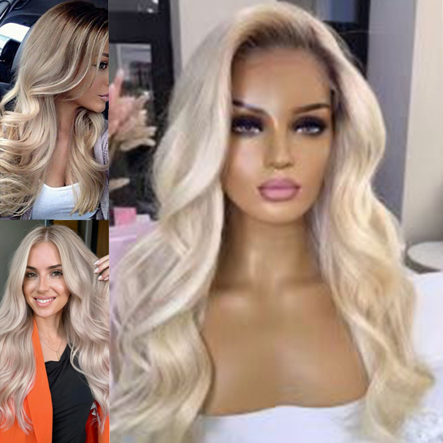 Synthetic lace gradient wig headband, high-temperature silk brown hair roots, white gold long curly hair, one-piece hair replacement Synthetic lace gradient wig headband, high-temperature silk brown hair roots, white gold long curly hair, one-piece hair replacement