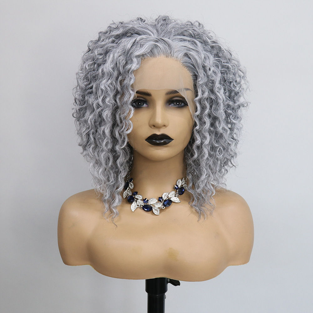 Cross border European and American celebrity same style front lace synthetic wig full head cover grandmother gray short style fluffy small roll 16 inches Cross border European and American celebrity same style front lace synthetic wig full head cover grandmother gray short style fluffy small roll 16 inches