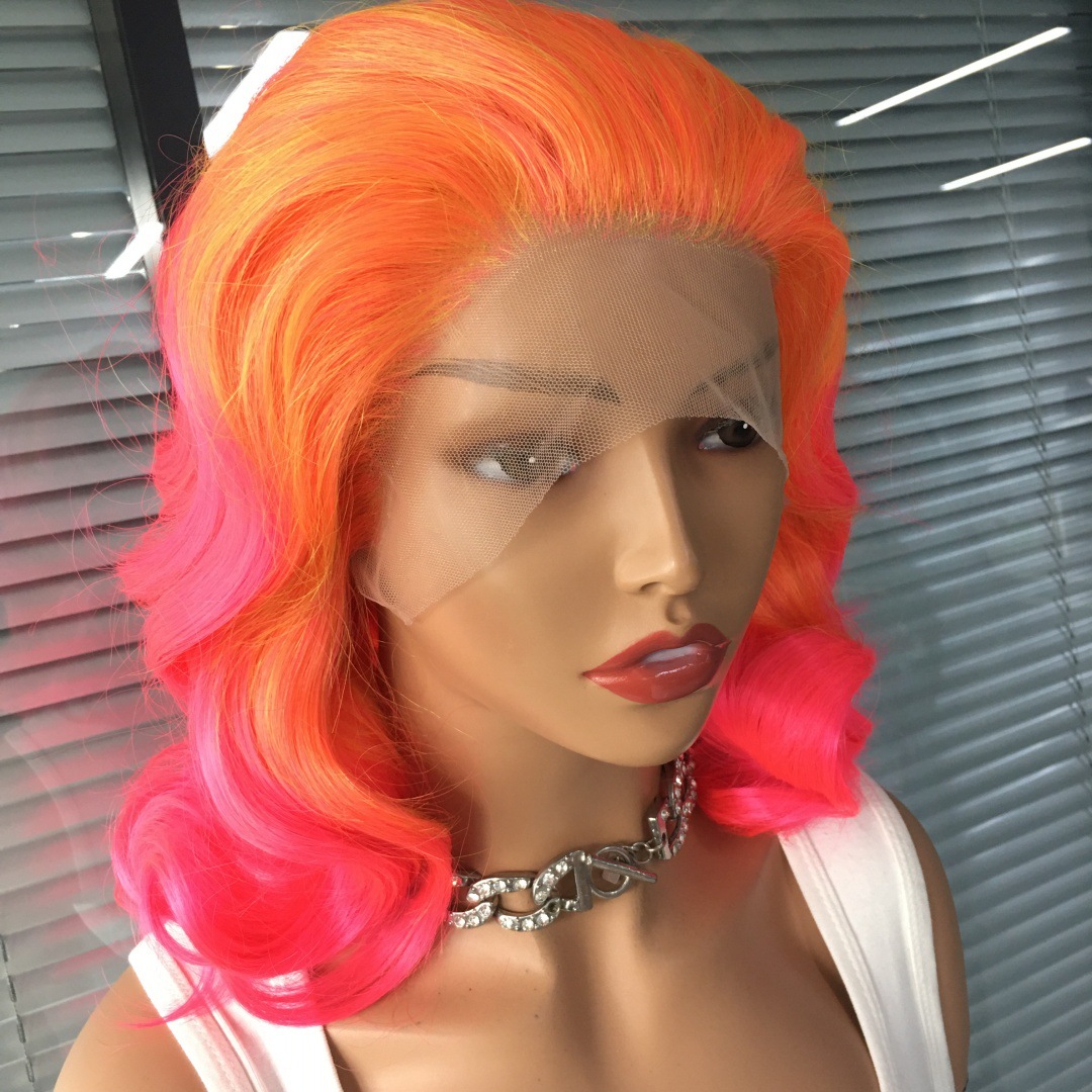 Cross border New Product Star Same Style Synthetic 13x4 Front Lace Orange Gradient Short Curly Hair Wig Headset Cross border New Product Star Same Style Synthetic 13x4 Front Lace Orange Gradient Short Curly Hair Wig Headset
