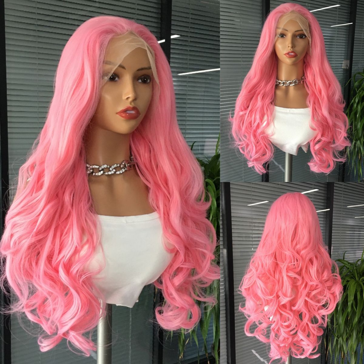 Pink 13x4 synthetic front lace long wig with large waves, cross-border European and American wig head cover manufacturer wholesale