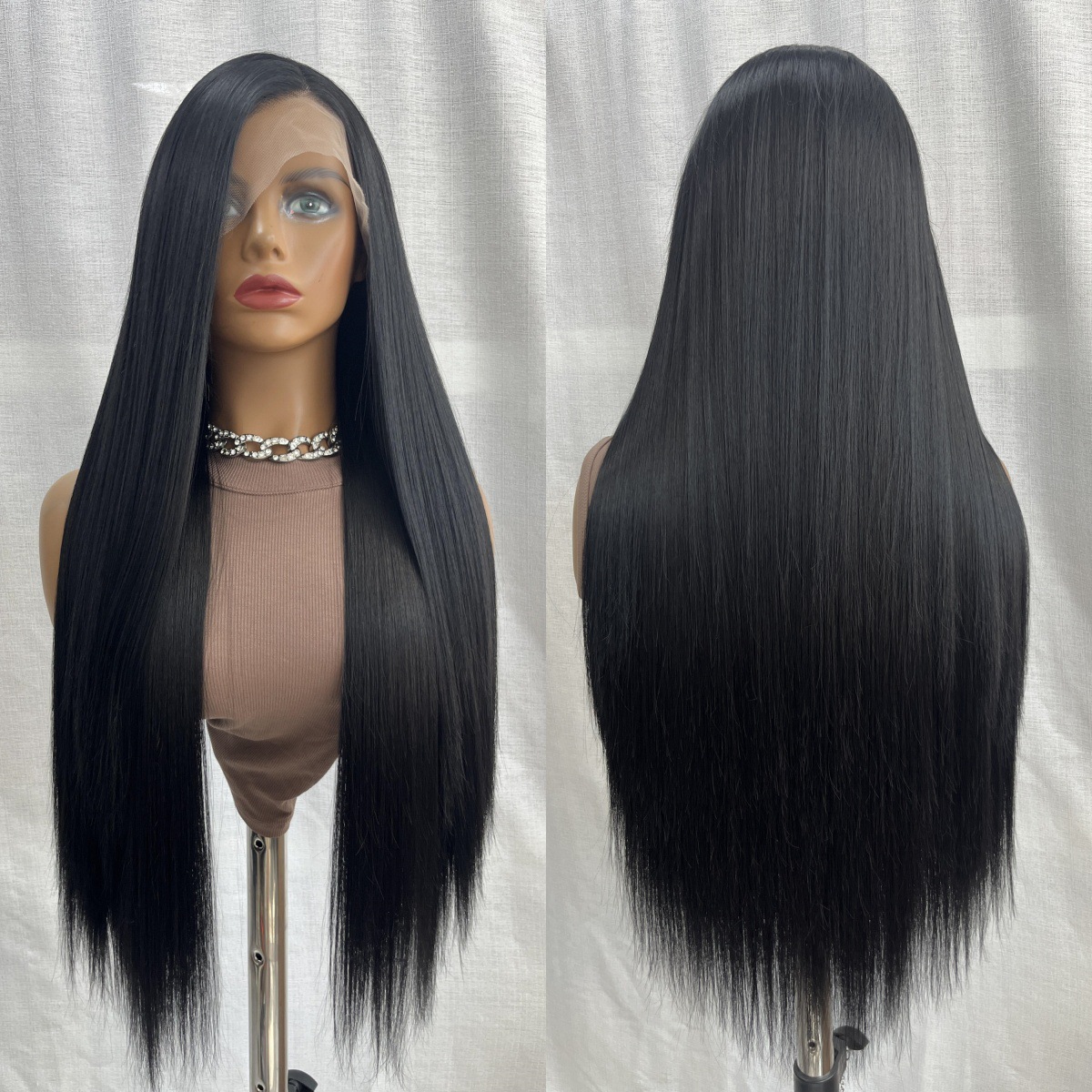 Cross border wig front lace black long straight synthetic high-temperature silk COS full 13x4 headband factory in stock for dropshipping