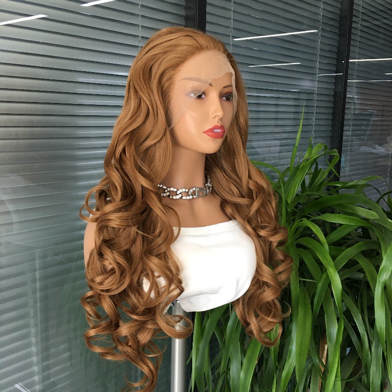 Cross border new product 13x4 synthetic front lace wig, divided into large waves, European and American wig head cover manufacturers wholesale Cross border new product 13x4 synthetic front lace wig, divided into large waves, European and American wig head cover manufacturers wholesale