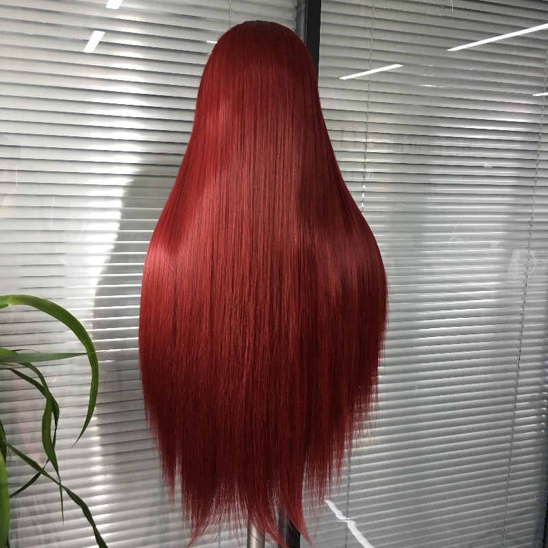 Cross border wig front lace red long straight synthetic high-temperature silk COS full 13x4 headband factory in stock for dropshipping Cross border wig front lace red long straight synthetic high-temperature silk COS full 13x4 headband factory in stock for dropshipping