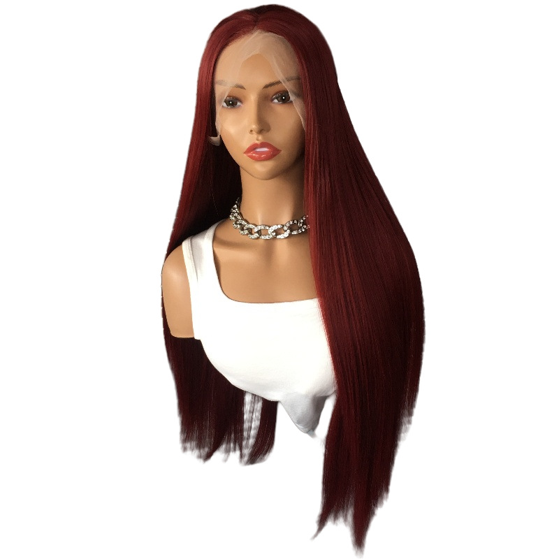 Cross border wig front lace red long straight synthetic high-temperature silk COS full 13x4 headband factory in stock for dropshipping Cross border wig front lace red long straight synthetic high-temperature silk COS full 13x4 headband factory in stock for dropshipping