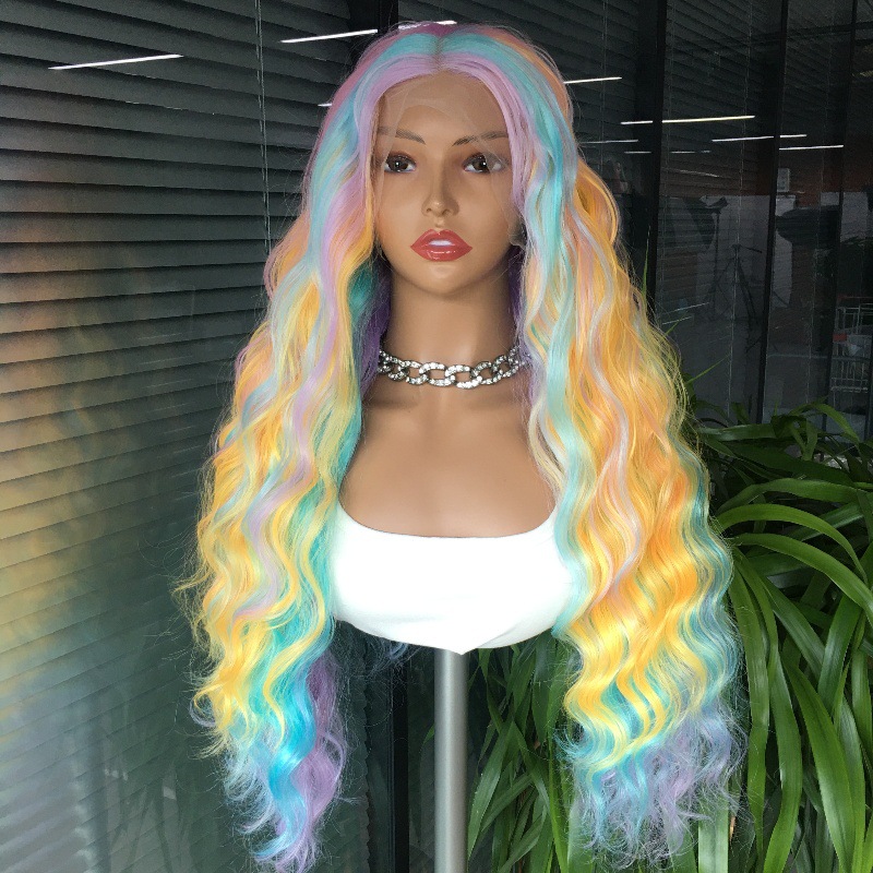 Cross border synthetic wig from Europe and America, Rainbow color, front lace, long curly hair, big waves, split wig, 26 inches Cross border synthetic wig from Europe and America, Rainbow color, front lace, long curly hair, big waves, split wig, 26 inches