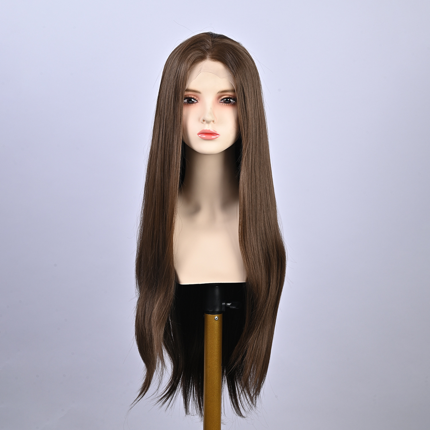 Wig full head cover dark brown European and American hot selling black hair simulation fluffy long straight hair COS front lace medium long hair Wig full head cover dark brown European and American hot selling black hair simulation fluffy long straight hair COS front lace medium long hair