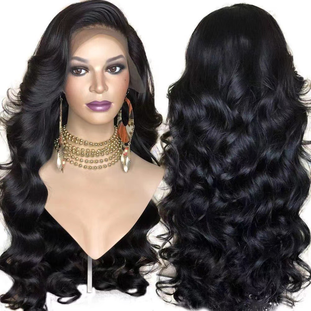 Cross border lace wig, European and American women's long curly hair exudes temperament, black split large wave wig, synthetic headband