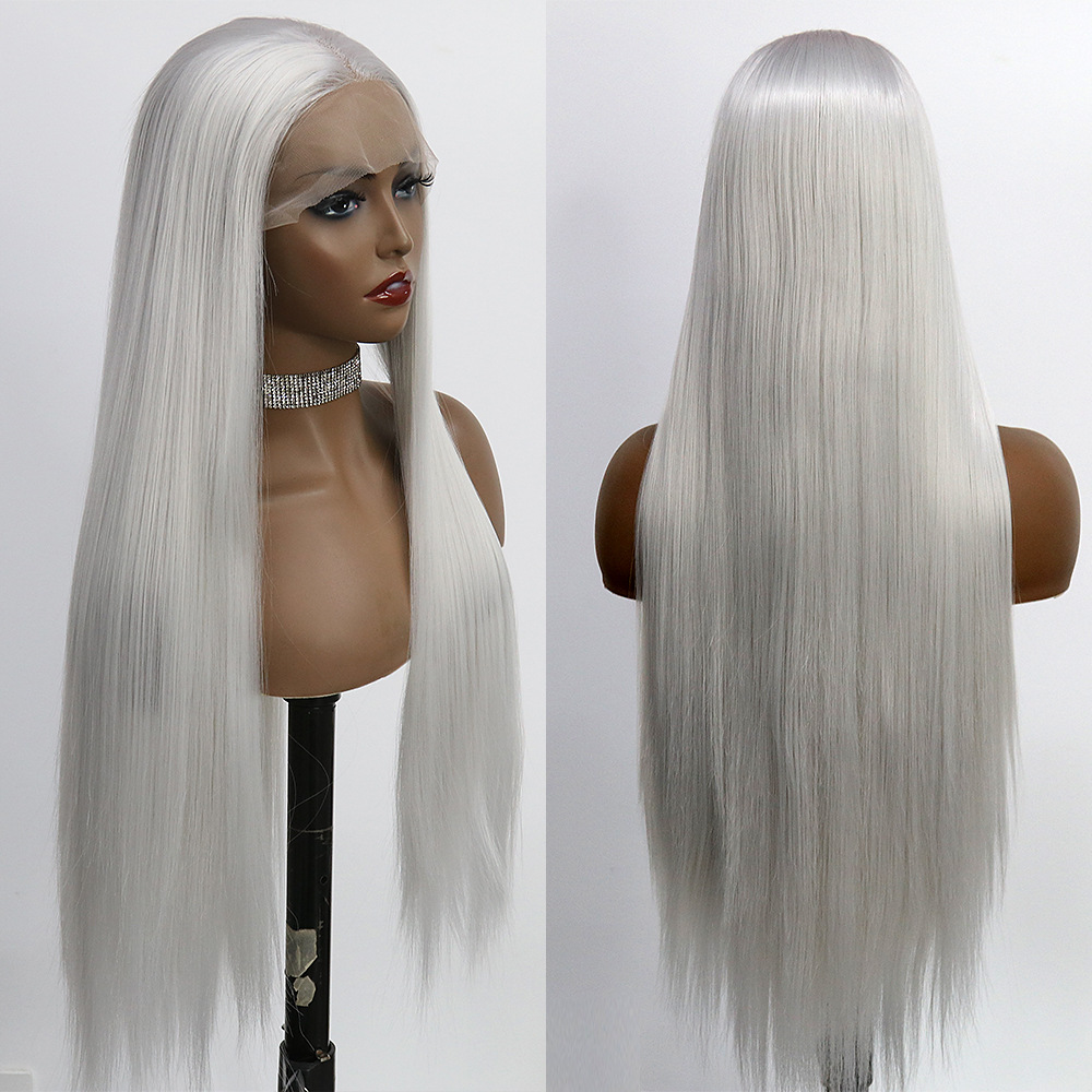 Full head wig anime cosplay universal wig foreign trade silver gray front lace long straight hair headband 26 inches