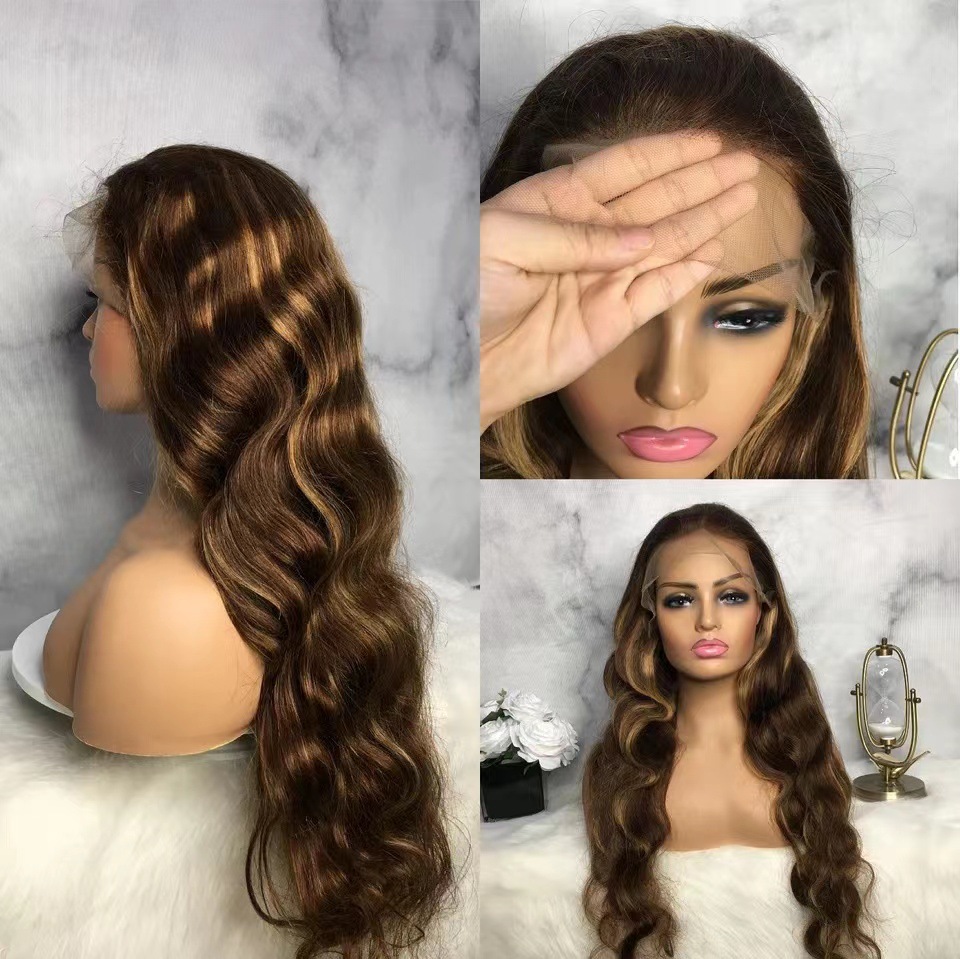 Lace high-temperature silk wig set new product for European and American women, long curly hair exudes temperament, piano color, long curly hair with big waves