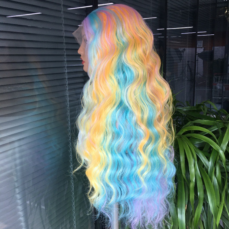 Cross border synthetic wig from Europe and America, Rainbow color, front lace, long curly hair, big waves, split wig, 26 inches Cross border synthetic wig from Europe and America, Rainbow color, front lace, long curly hair, big waves, split wig, 26 inches