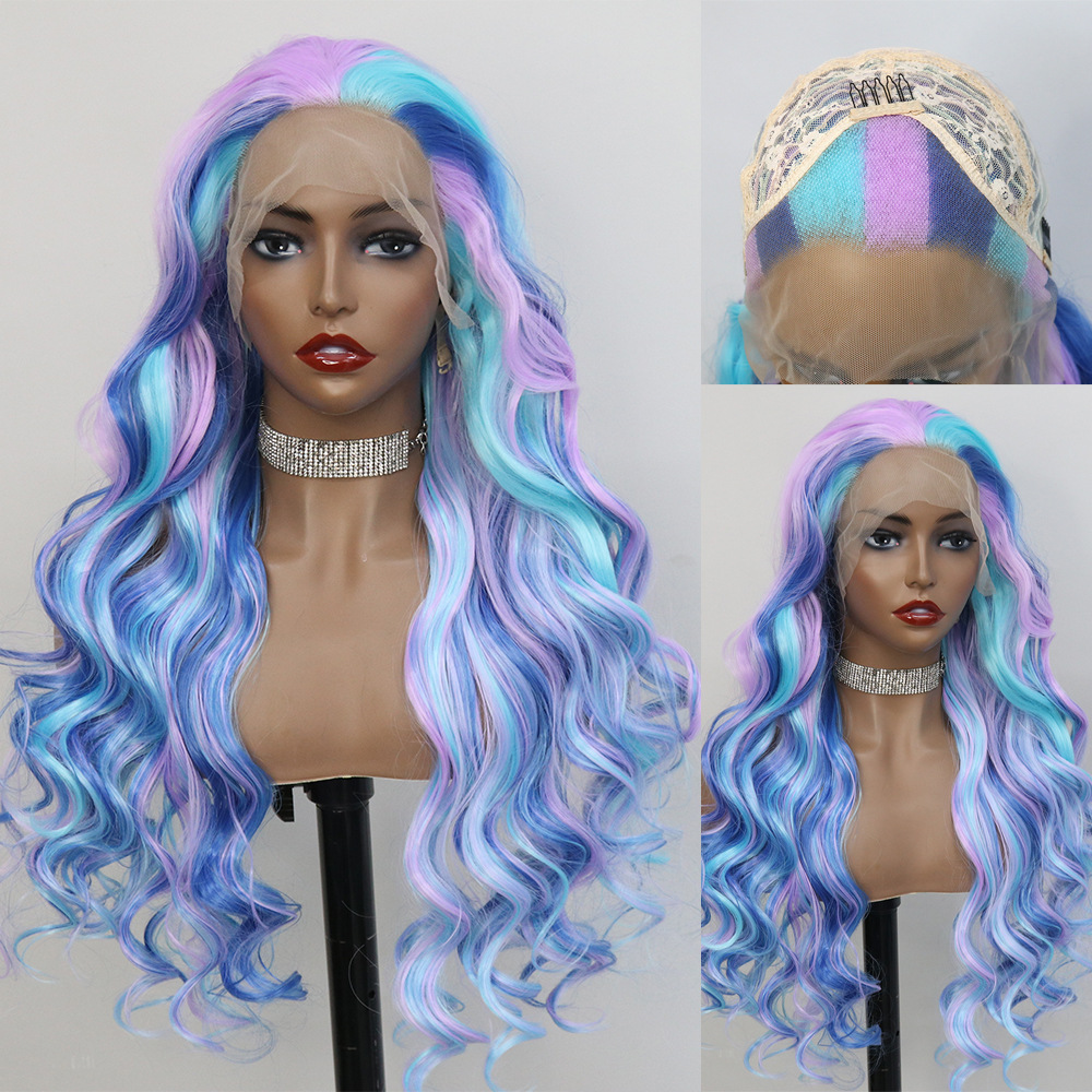 Front lace wig full head set mixed color big wave curly hair simulation synthetic high-temperature silk medium long hair cosplay performance hair