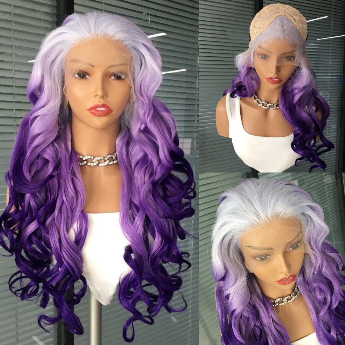 Purple 13x4 synthetic lace wig gradient, large waves, cross-border European and American wig head cover manufacturer wholesale