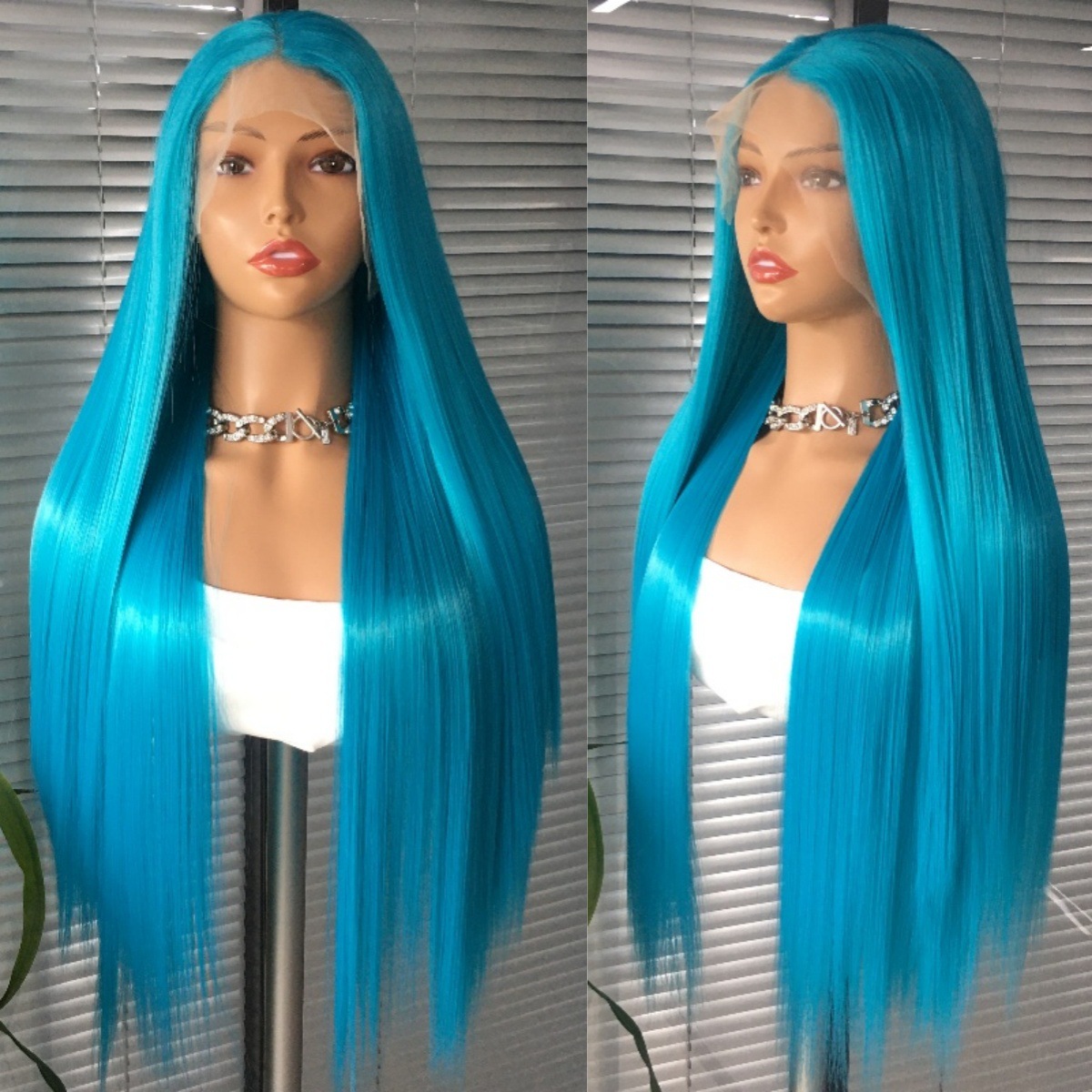 Amazon hot selling new product 13x4 front lace synthetic wig headband, lake blue mid split long straight hair wig