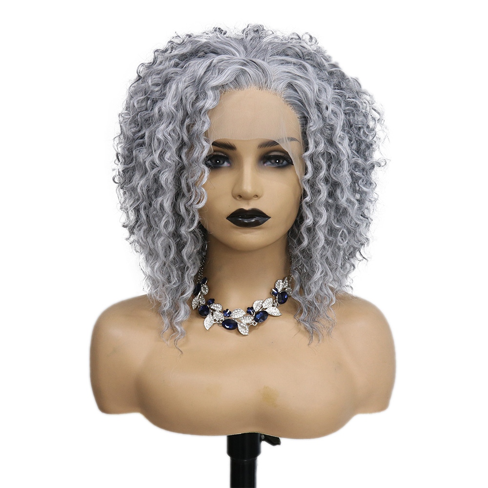 Cross border European and American celebrity same style front lace synthetic wig full head cover grandmother gray short style fluffy small roll 16 inches Cross border European and American celebrity same style front lace synthetic wig full head cover grandmother gray short style fluffy small roll 16 inches