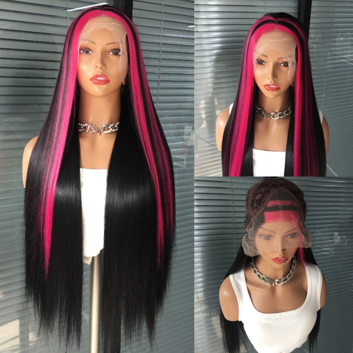 Foreign trade hot selling 13x4 front lace synthetic wig headband, mid split long straight hair, cross dyed gradient, factory direct sales