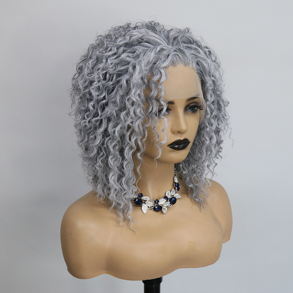Cross border European and American celebrity same style front lace synthetic wig full head cover grandmother gray short style fluffy small roll 16 inches Cross border European and American celebrity same style front lace synthetic wig full head cover grandmother gray short style fluffy small roll 16 inches