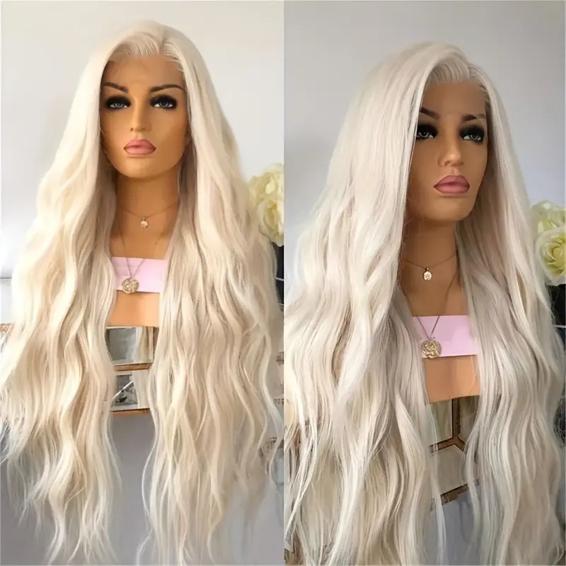 Fiber front lace off white wig headband, high-temperature silk platinum gold, hot selling foreign trade long curly hair, one piece hair replacement
