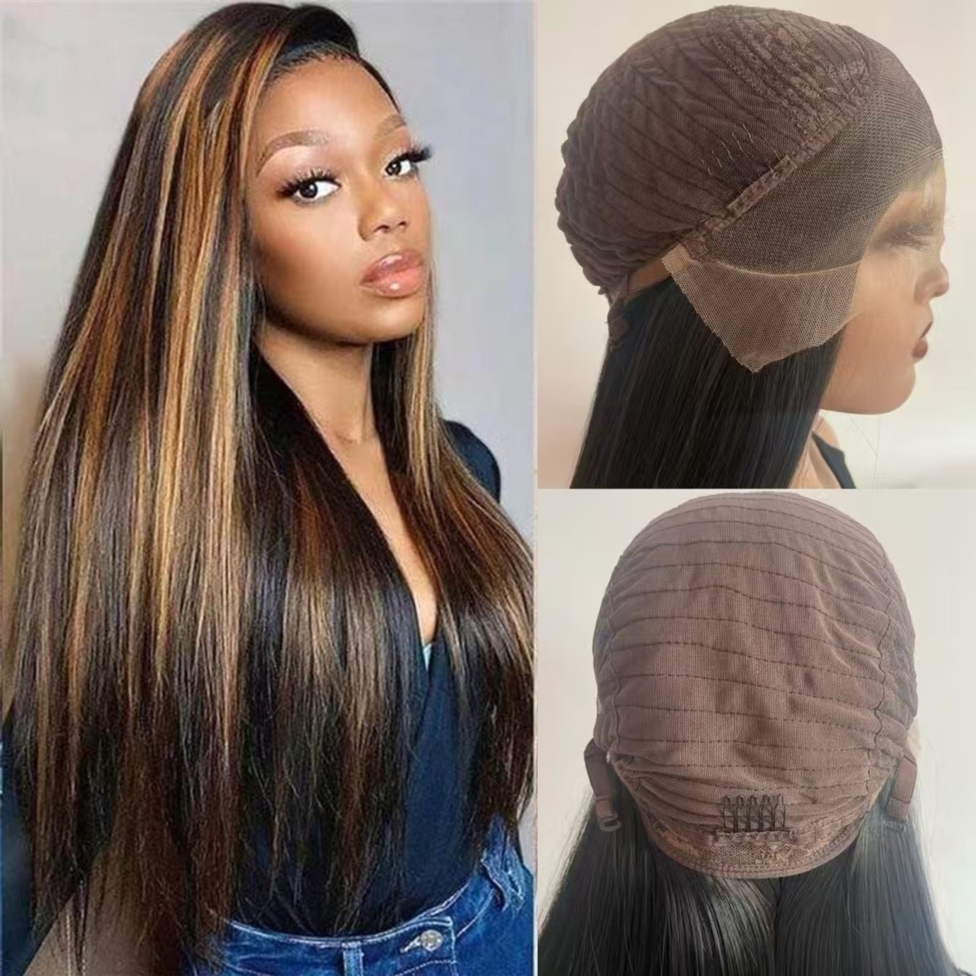 New European and American women's brown mixed color mid split long straight hair soft high temperature silk T-shaped lace inspired synthetic headband
