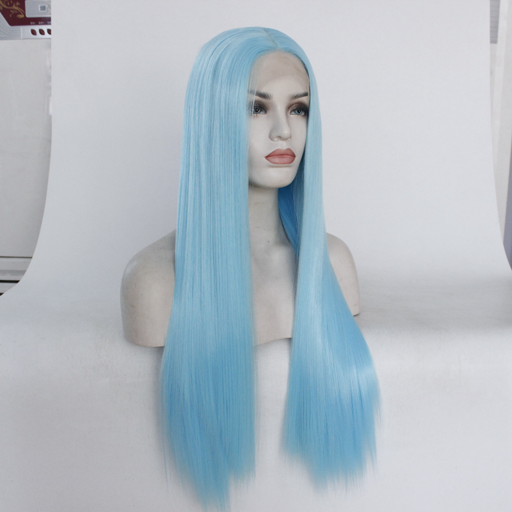 Manufacturer supplies silk track light blue high-temperature silk wig, synthetic front lace headband, one piece hair replacement