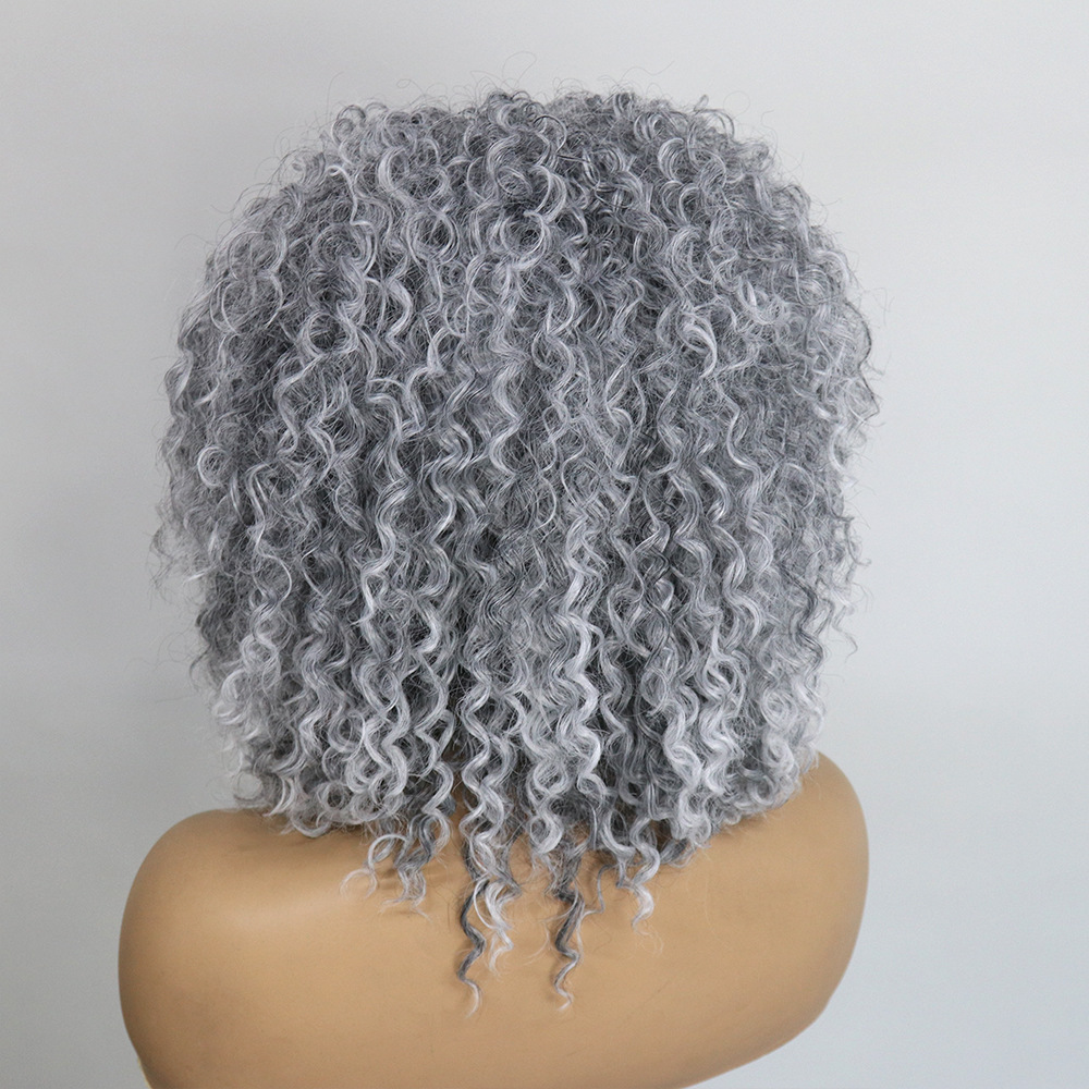 Cross border European and American celebrity same style front lace synthetic wig full head cover grandmother gray short style fluffy small roll 16 inches Cross border European and American celebrity same style front lace synthetic wig full head cover grandmother gray short style fluffy small roll 16 inches
