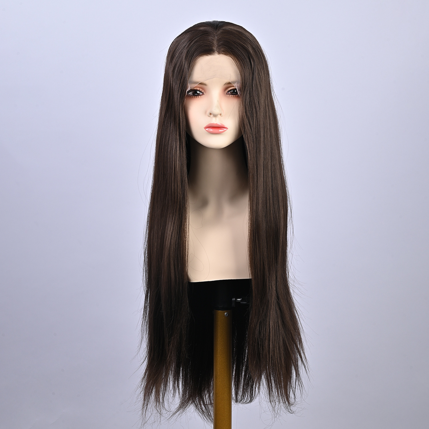 Wig full head cover dark brown European and American hot selling black hair simulation fluffy long straight hair COS front lace medium long hair Wig full head cover dark brown European and American hot selling black hair simulation fluffy long straight hair COS front lace medium long hair