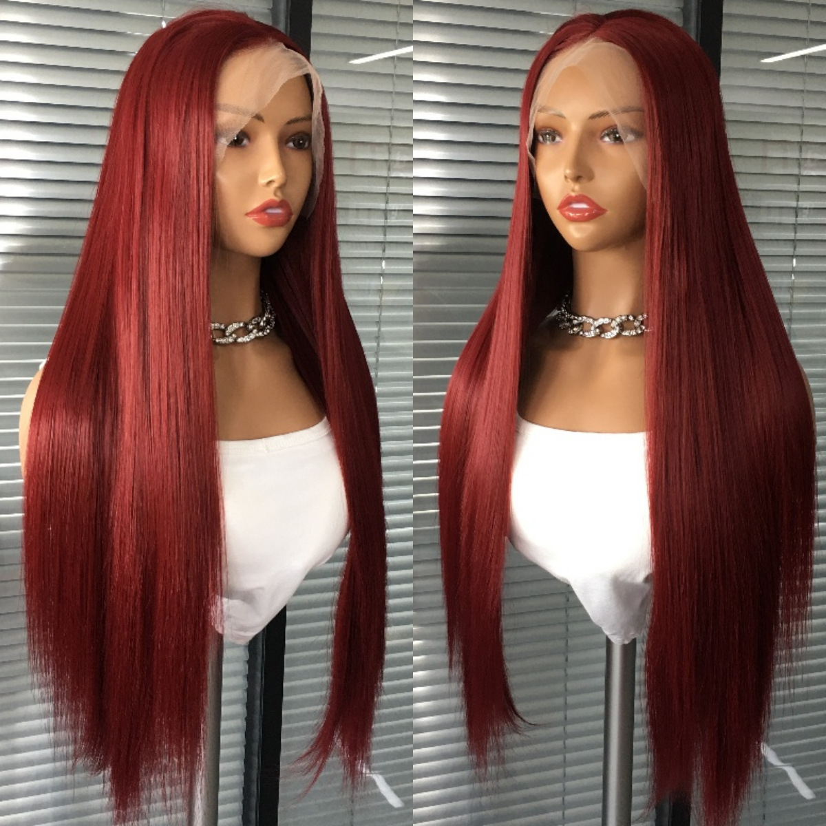 Cross border wig front lace red long straight synthetic high-temperature silk COS full 13x4 headband factory in stock for dropshipping